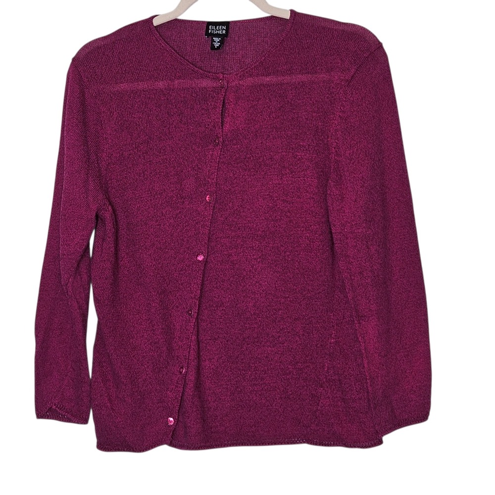 Eileen Fisher Linen Blend Cardigan‎ Magenta Purple Knit Lagenlook Asymmetric L